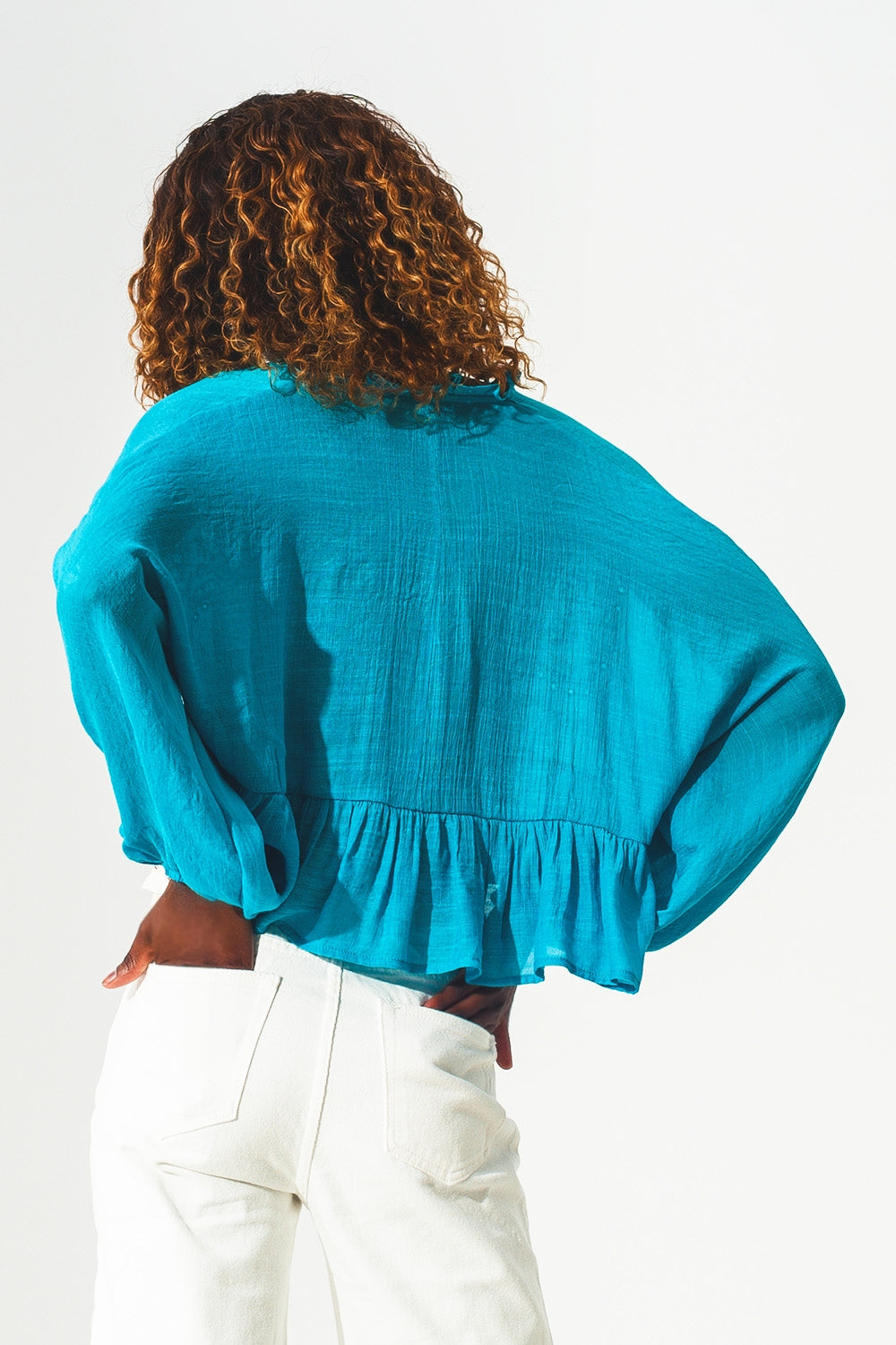Shirred crop top with embroidery in blue - Szua Store