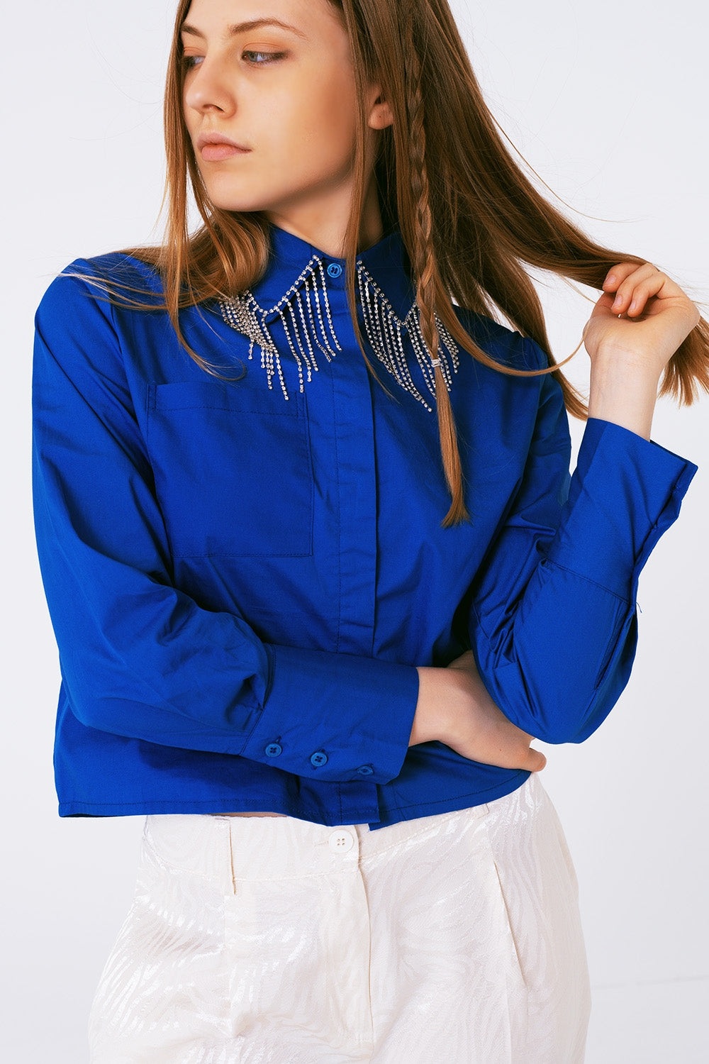 Shirt With Fringe strass Collar in blue - Szua Store