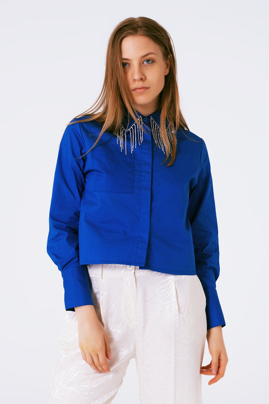 Shirt With Fringe strass Collar in blue - Szua Store