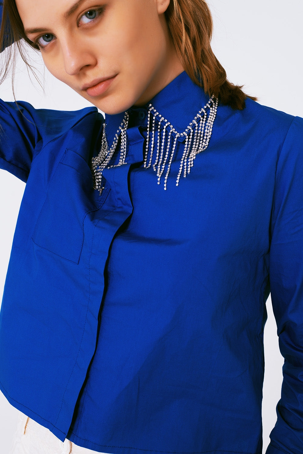 Shirt With Fringe strass Collar in blue - Szua Store