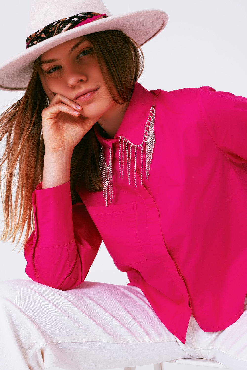 Shirt With Fringe strass Collar in Fuxia - Szua Store