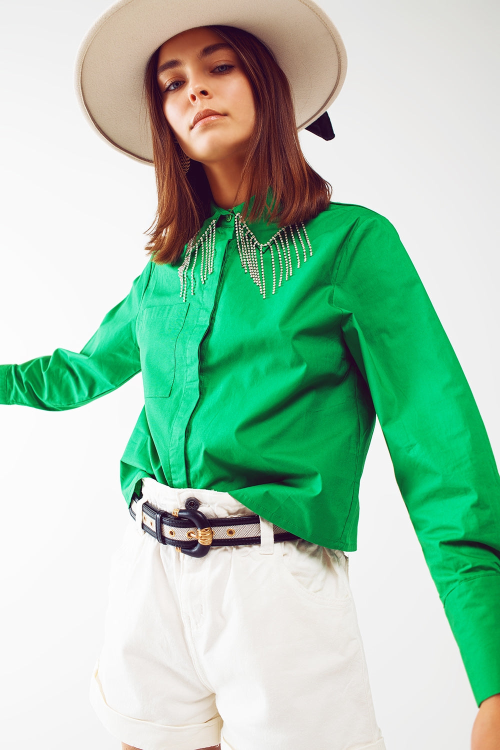 Shirt With Fringe strass Collar in Green - Szua Store