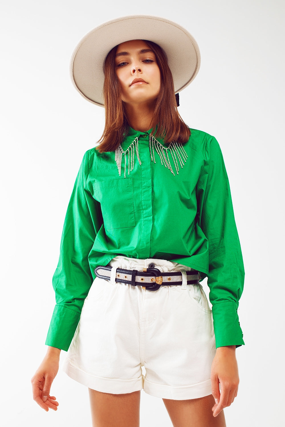 Shirt With Fringe strass Collar in Green - Szua Store