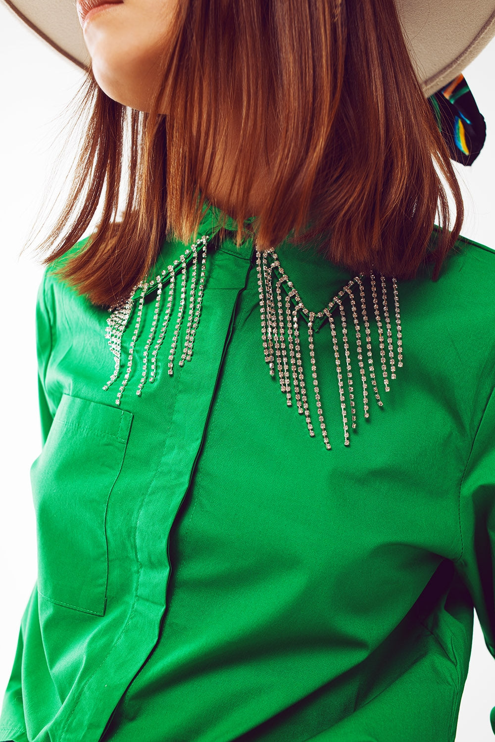 Shirt With Fringe strass Collar in Green - Szua Store