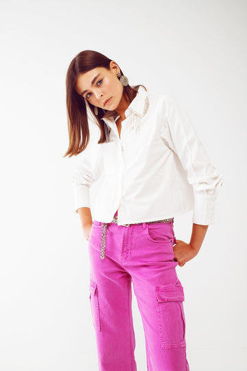Q2 Shirt With Fringe strass Collar in White