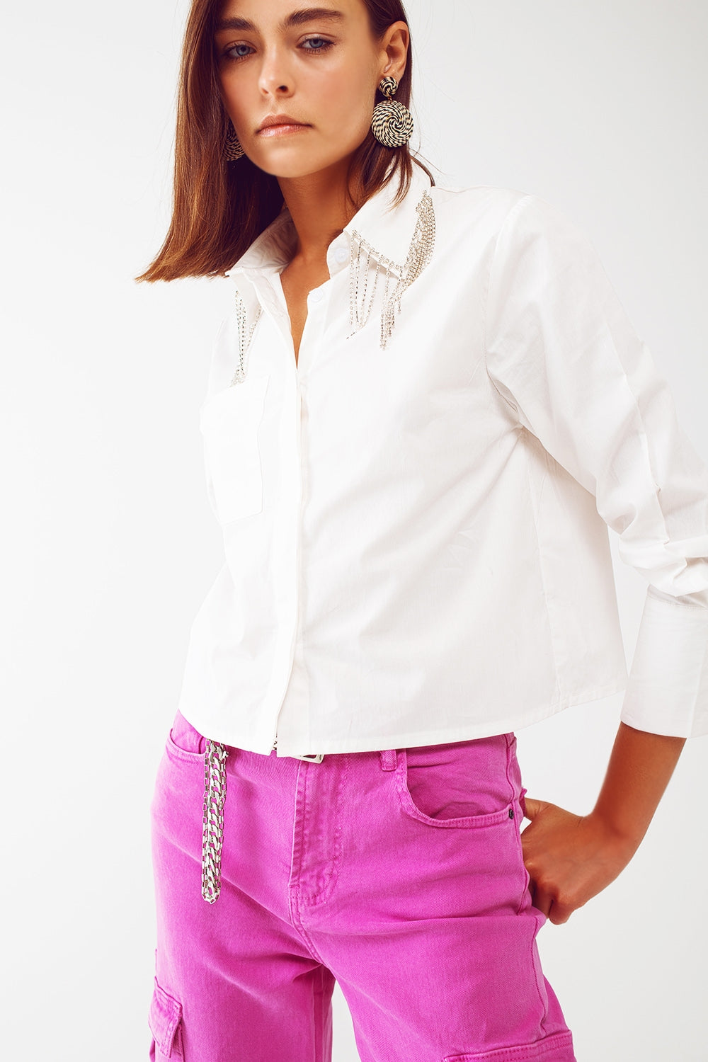 Shirt With Fringe strass Collar in White - Szua Store
