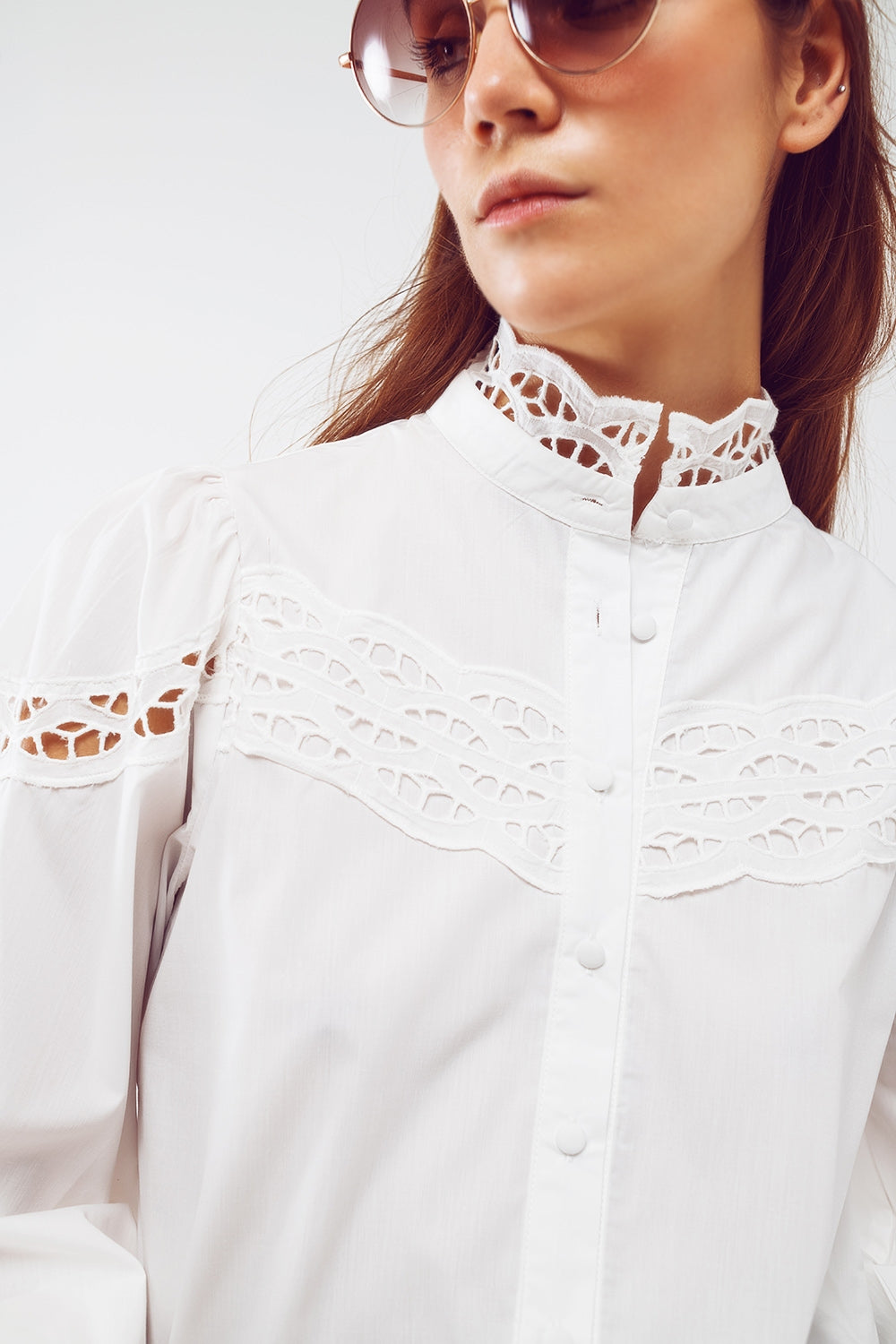 Shirt With Lace Details And Balloon Sleeves in White - Szua Store