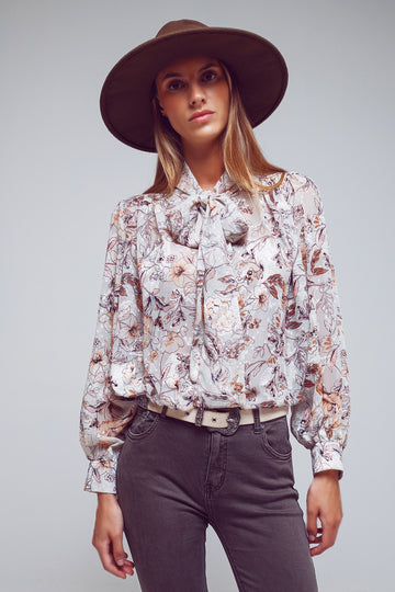 Q2 Shirt With Tie Neck And Long Sleeves In Cream Flower Print