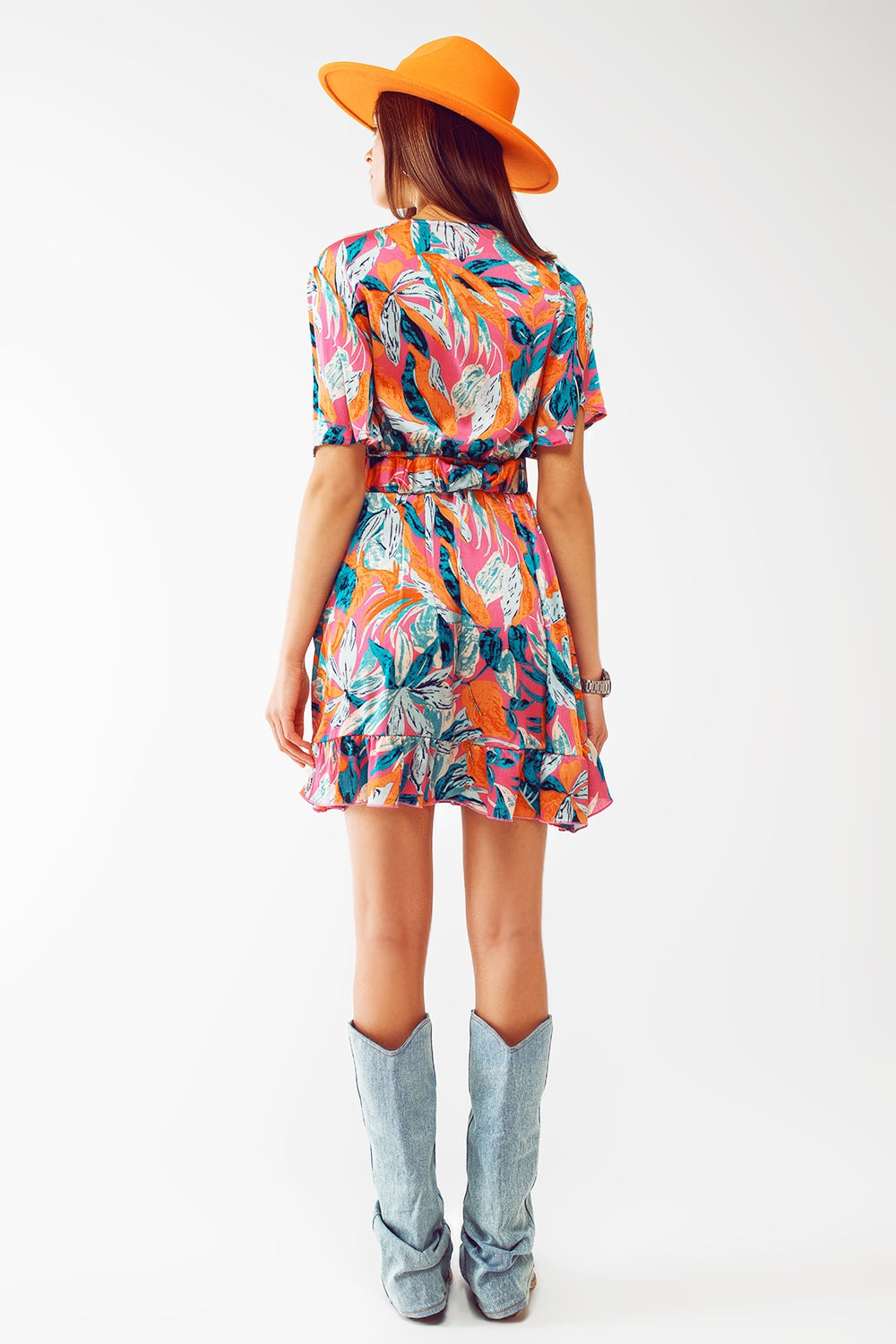 Short Belted Wrap Dress With Floral Print in Orange - Szua Store