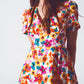 Short dress with cinched waist in multicolor floral print - Szua Store