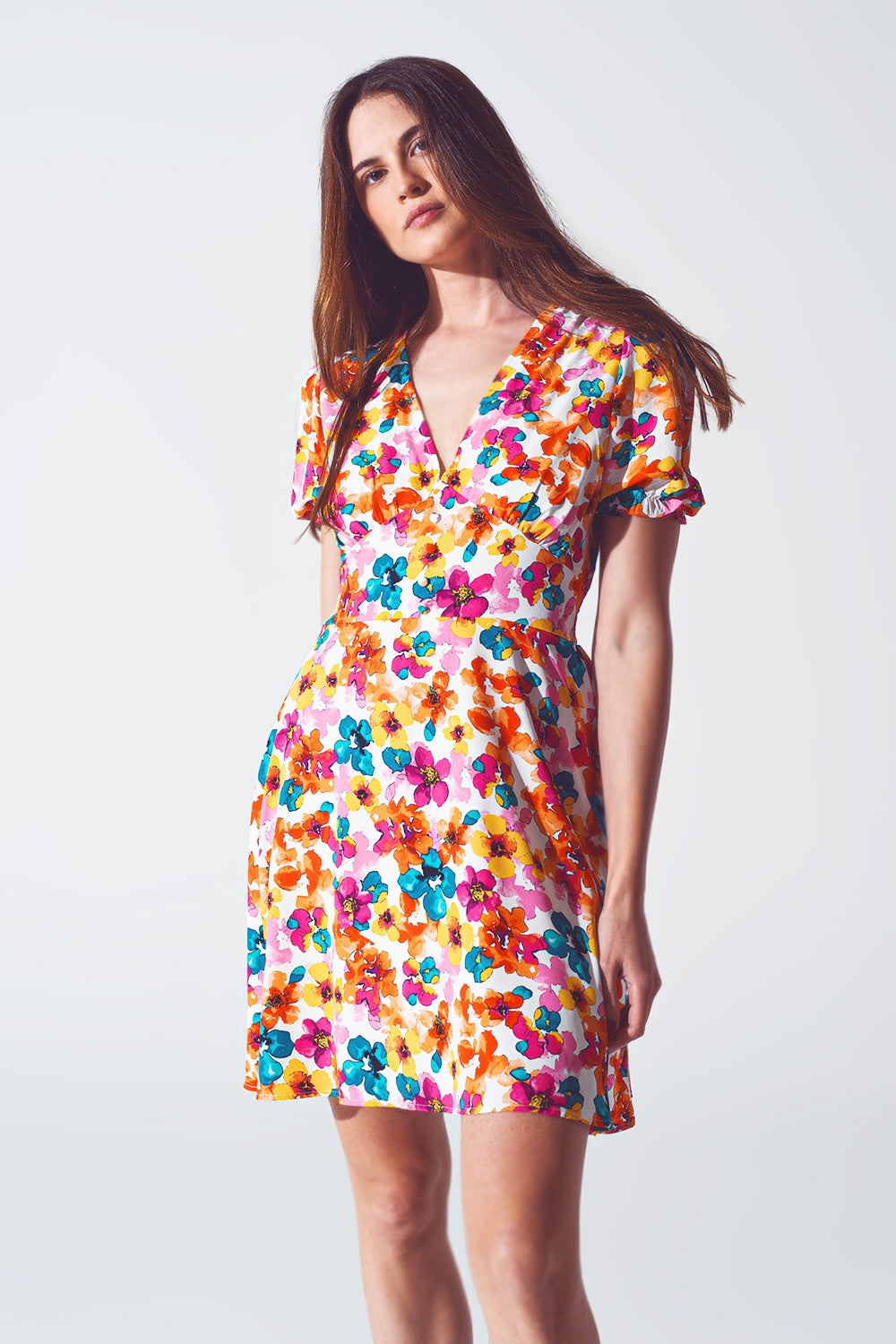 Short dress with cinched waist in multicolor floral print - Szua Store