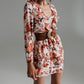 Short Dress With Ruffle Neck And Cinched In Waist in Autumn Floral Print - Szua Store