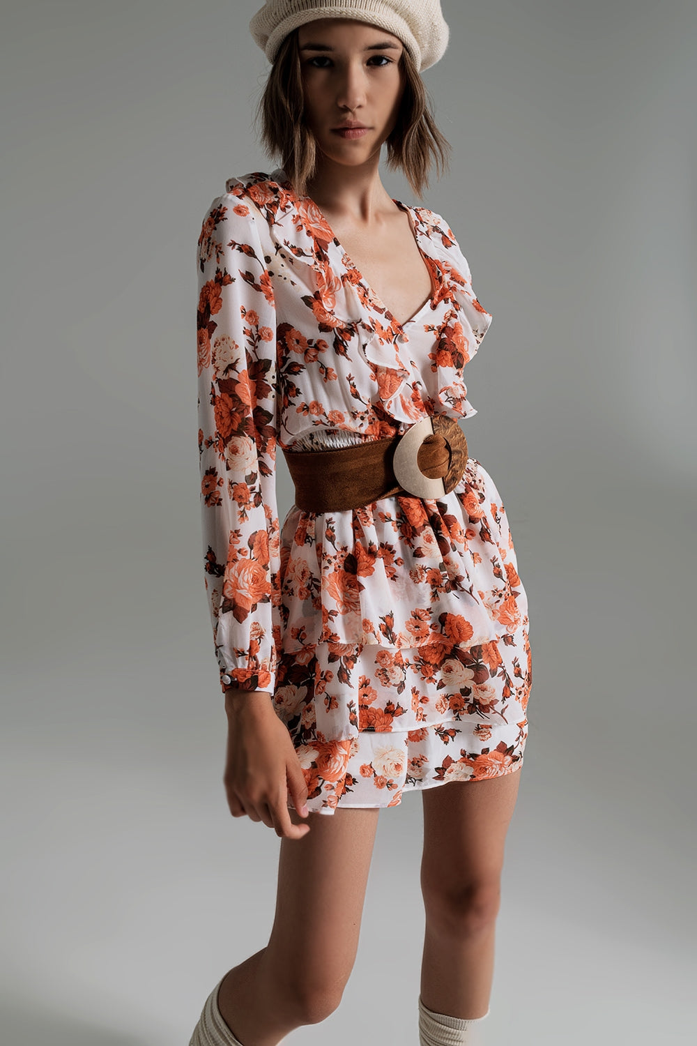 Short Dress With Ruffle Neck And Cinched In Waist in Autumn Floral Print - Szua Store