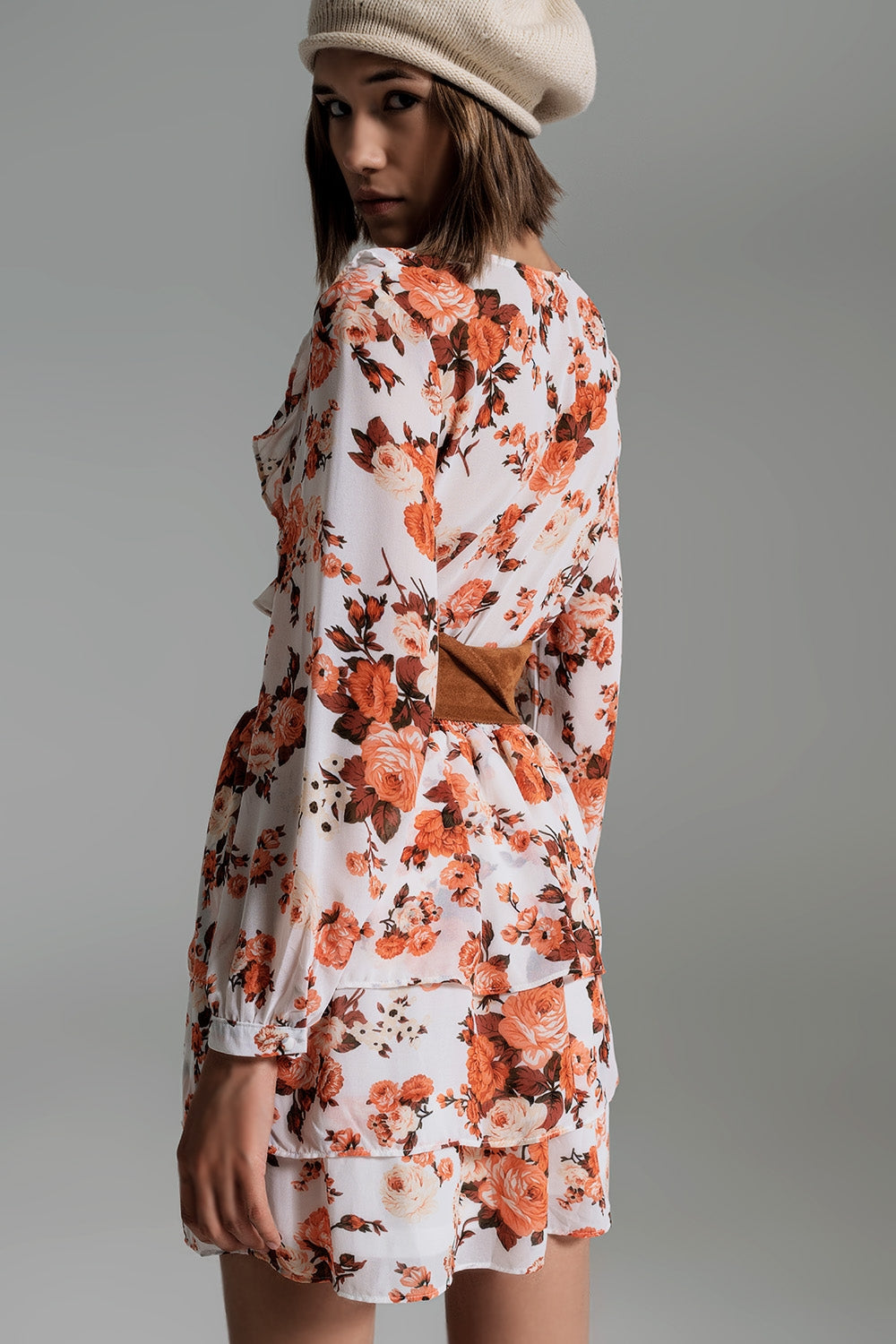 Short Dress With Ruffle Neck And Cinched In Waist in Autumn Floral Print - Szua Store