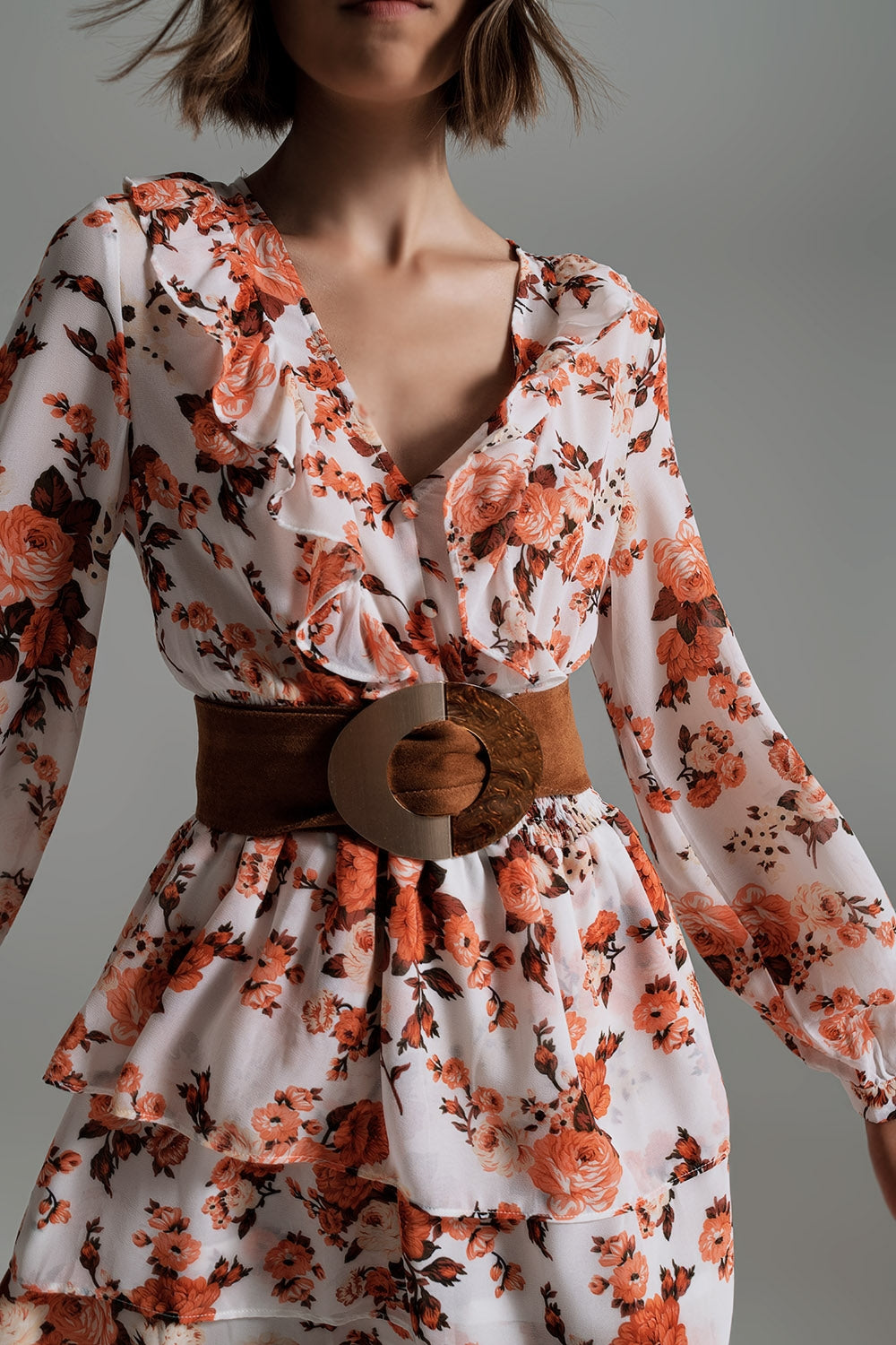Short Dress With Ruffle Neck And Cinched In Waist in Autumn Floral Print - Szua Store