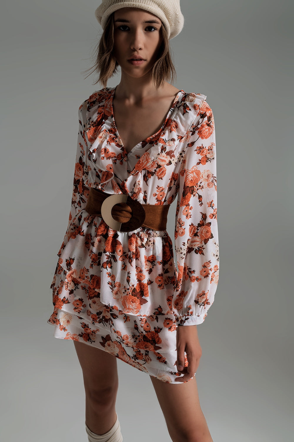 Short Dress With Ruffle Neck And Cinched In Waist in Autumn Floral Print - Szua Store