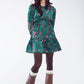 Q2 Short Printed Dress With Tiered Skirt and Ruffled Cuff in Forest Green
