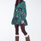 Short Printed Dress With Tiered Skirt and Ruffled Cuff in Forest Green