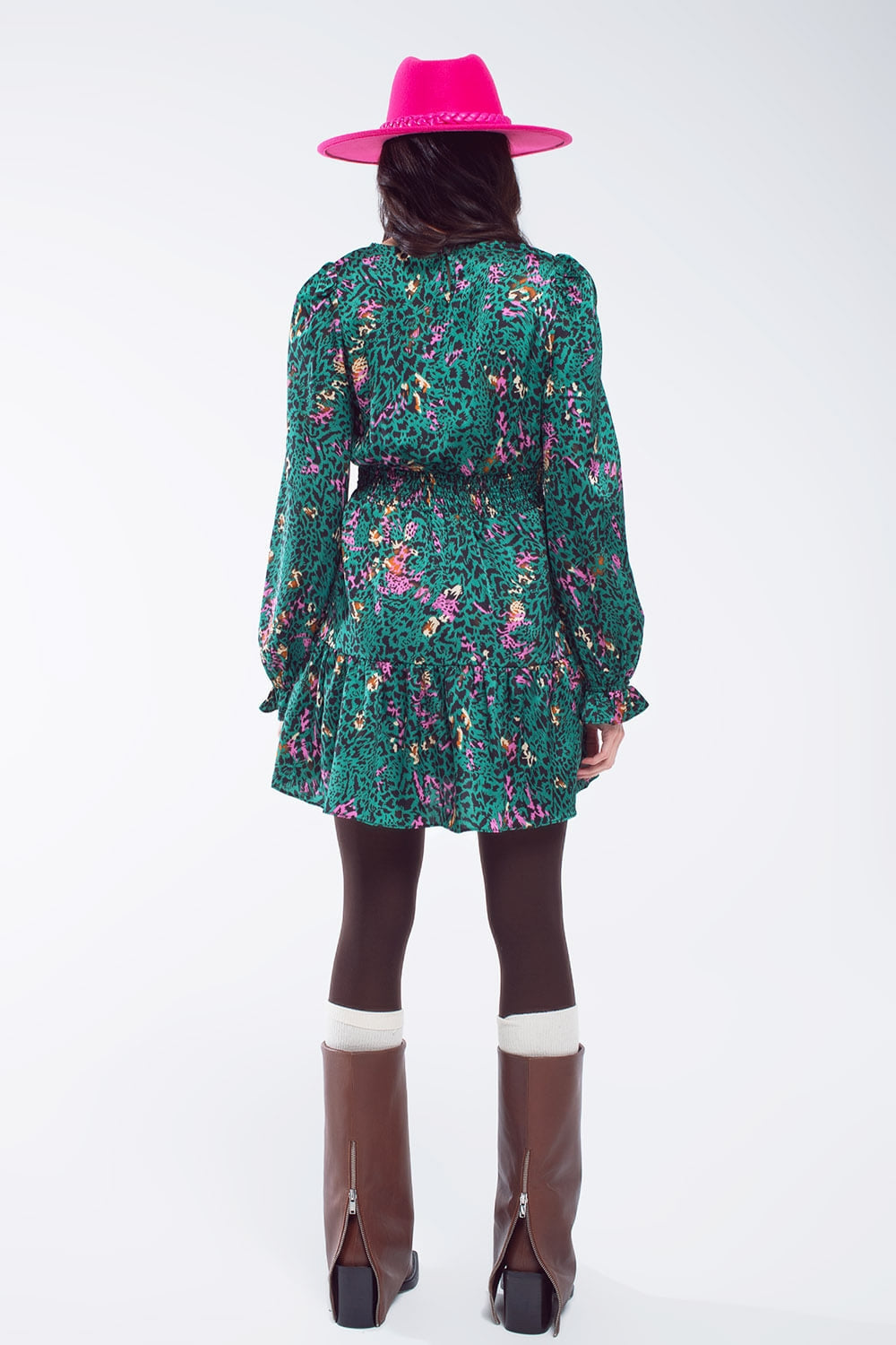 Short Printed Dress With Tiered Skirt and Ruffled Cuff in Forest Green