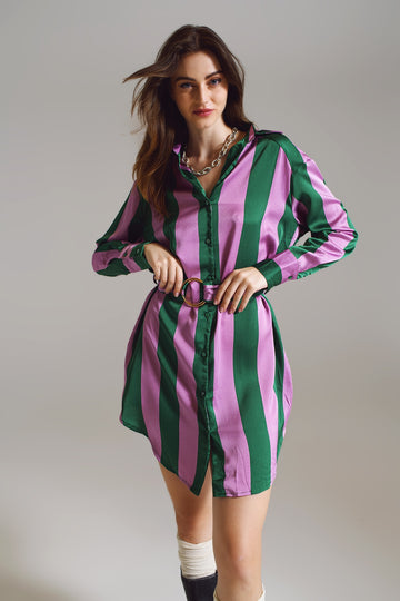 Q2 Short Shirt Dress in Lilac and Green Stripe
