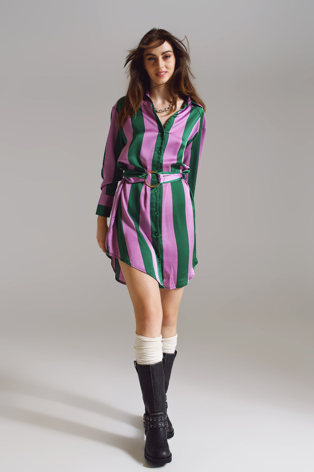 Short Shirt Dress in Lilac and Green Stripe - Szua Store