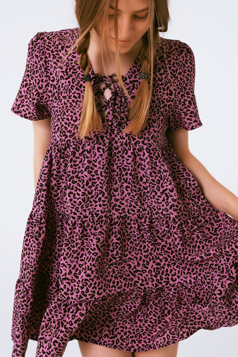 Short Sleeve Baby Doll Dress With Neck Detail in Purple Leopard Print - Szua Store