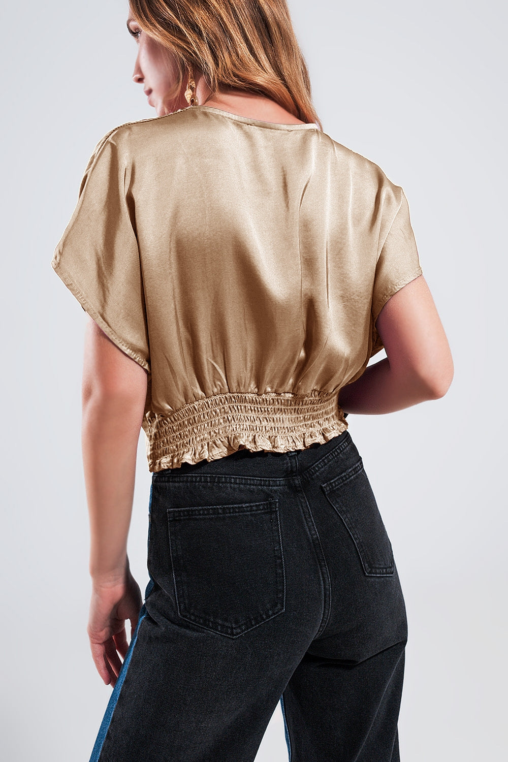 Short sleeve cropped satin top in beige - Szua Store