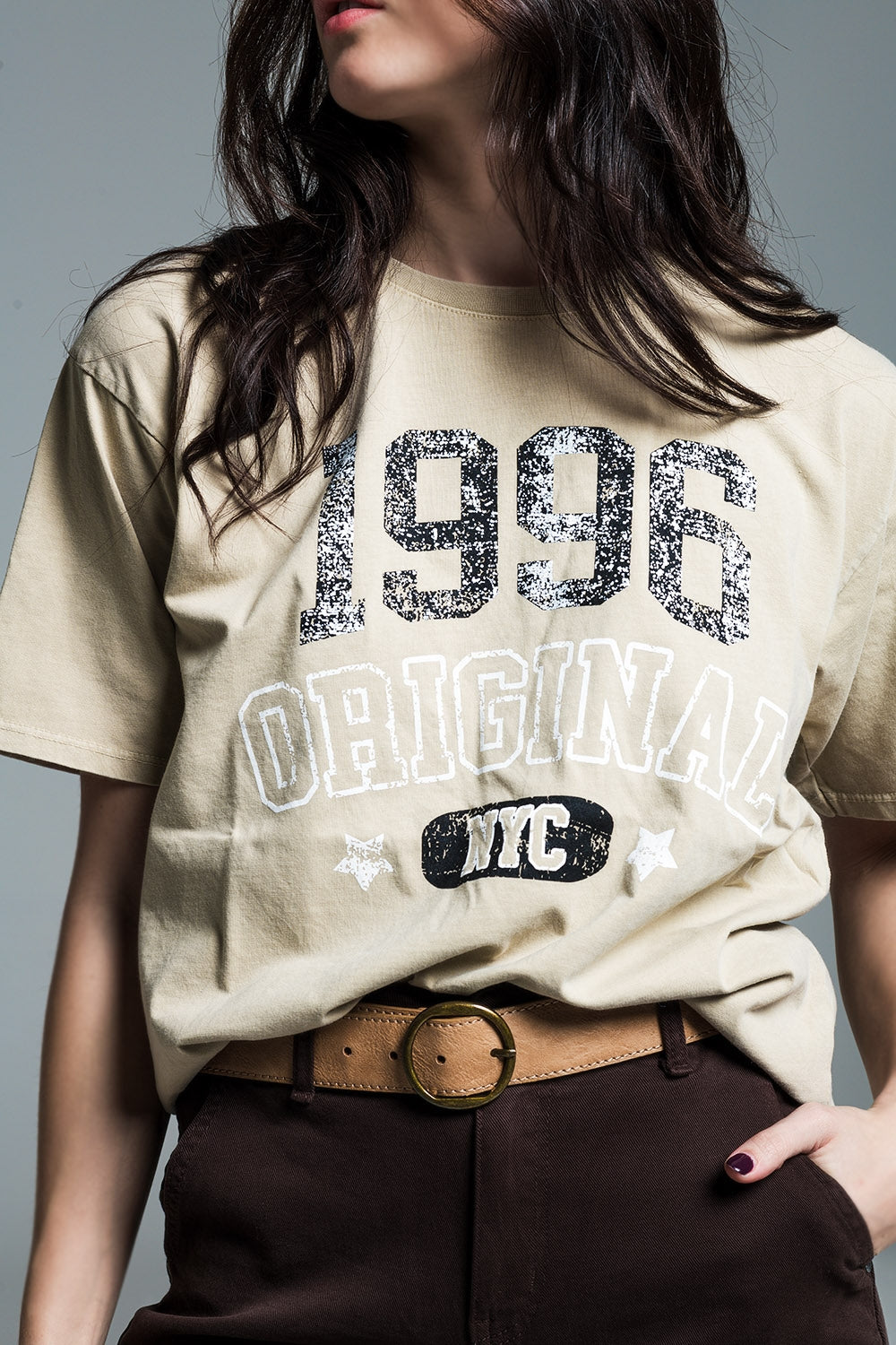 Short Sleeve Relaxed T-Shirt With 1996 Text To The Front In Beige