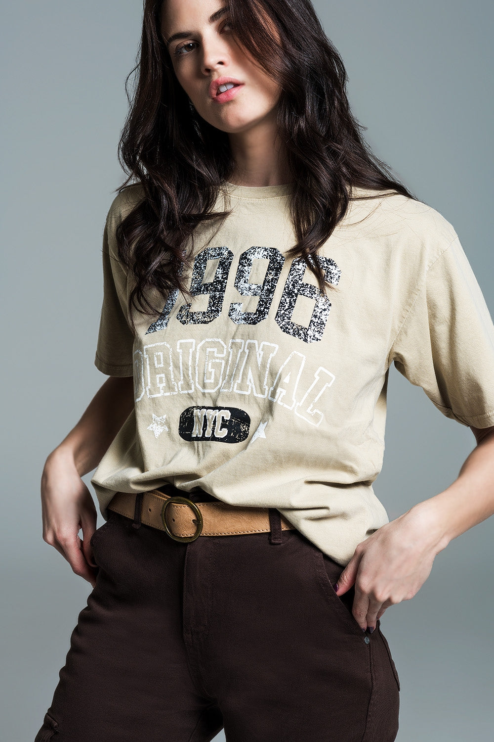 Short Sleeve Relaxed T-Shirt With 1996 Text To The Front In Beige