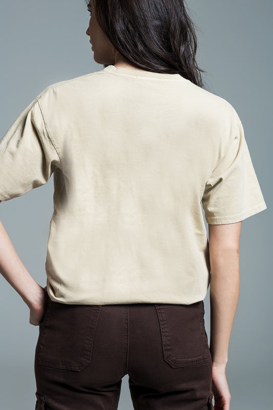 Short Sleeve Relaxed T-Shirt With 1996 Text To The Front In Beige