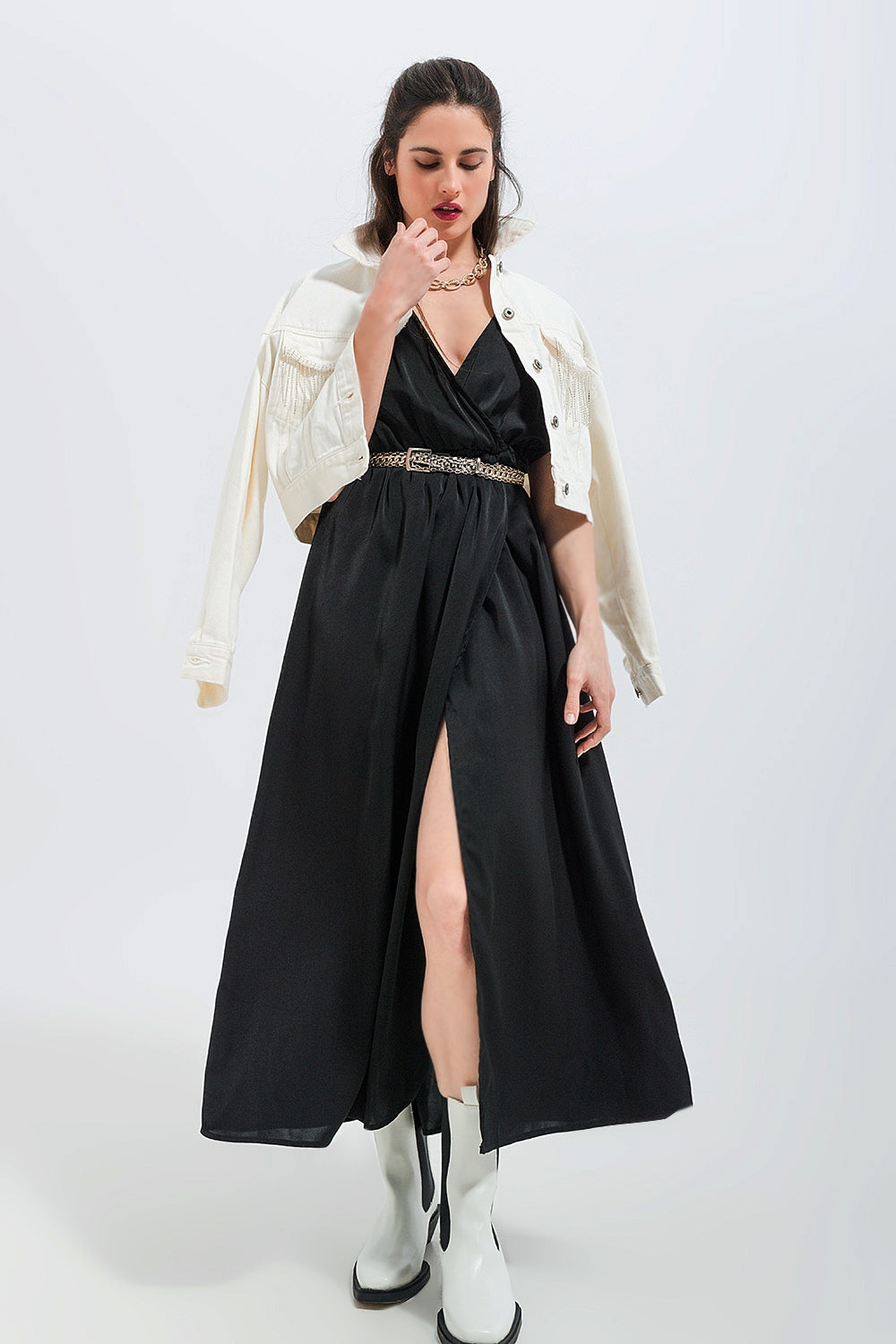 Short sleeve satin maxi dress in black Szua Store