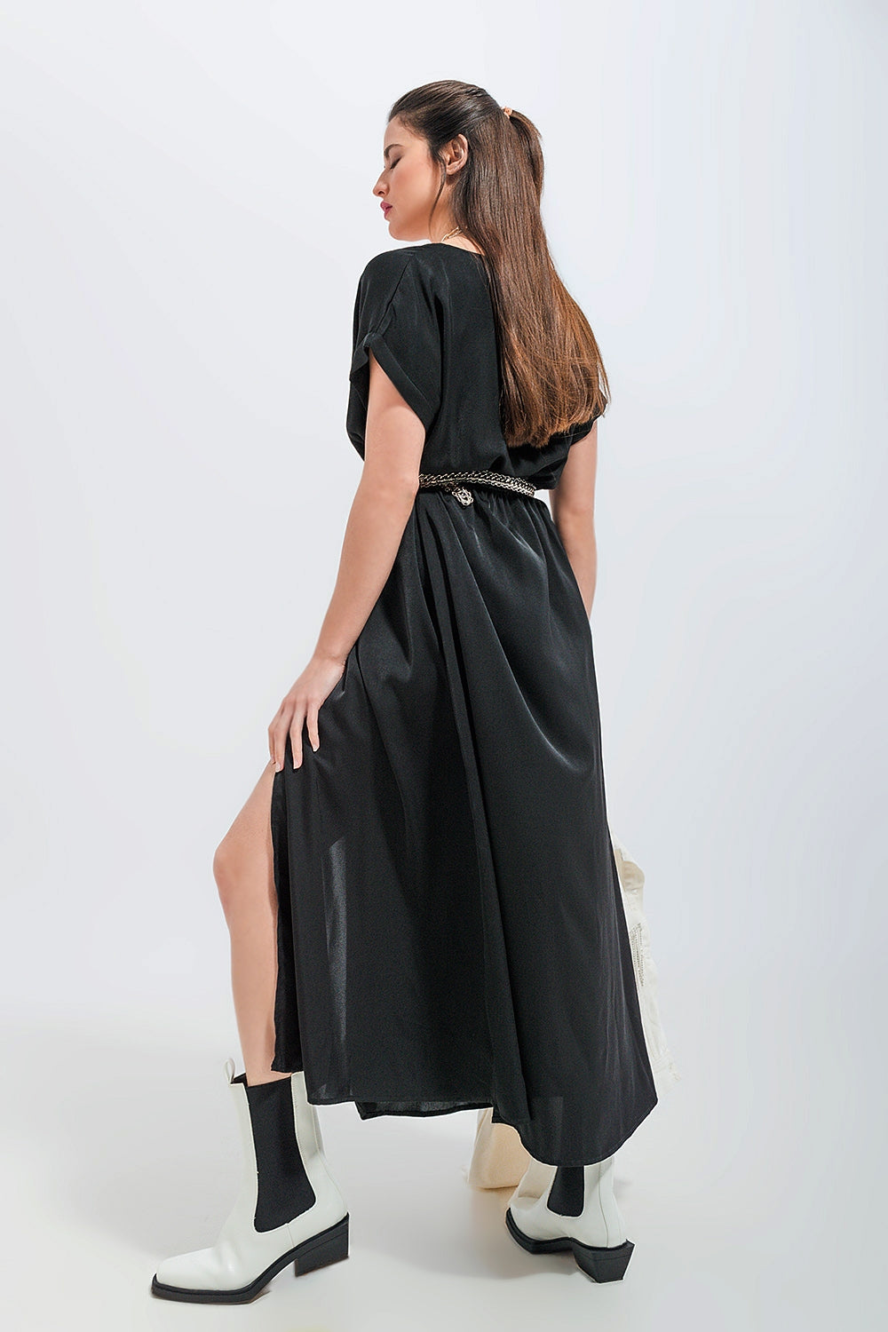 Short sleeve satin maxi dress in black Szua Store