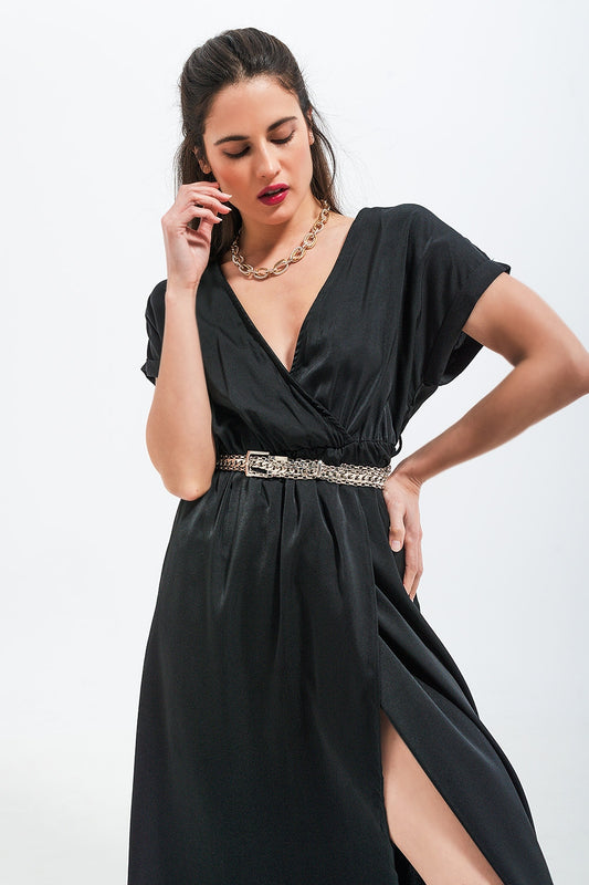 Short sleeve satin maxi dress in black Szua Store