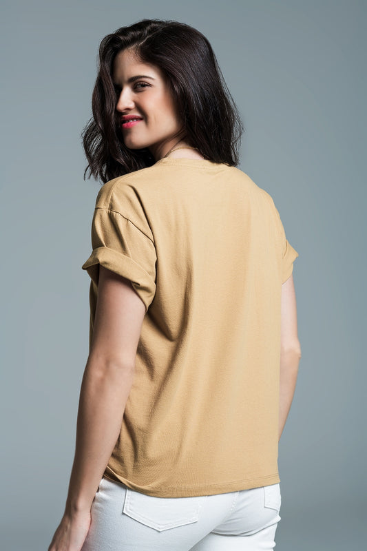 Short Sleeve T-shirt with Love Text on Front in Beige