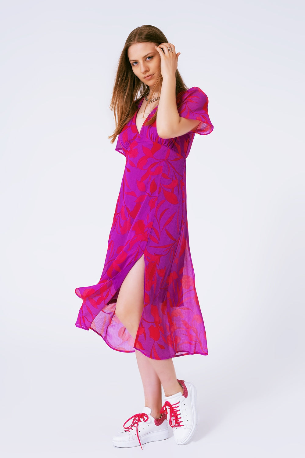 Short sleeve V-neck chiffon maxi dress in floral print - Szua Store
