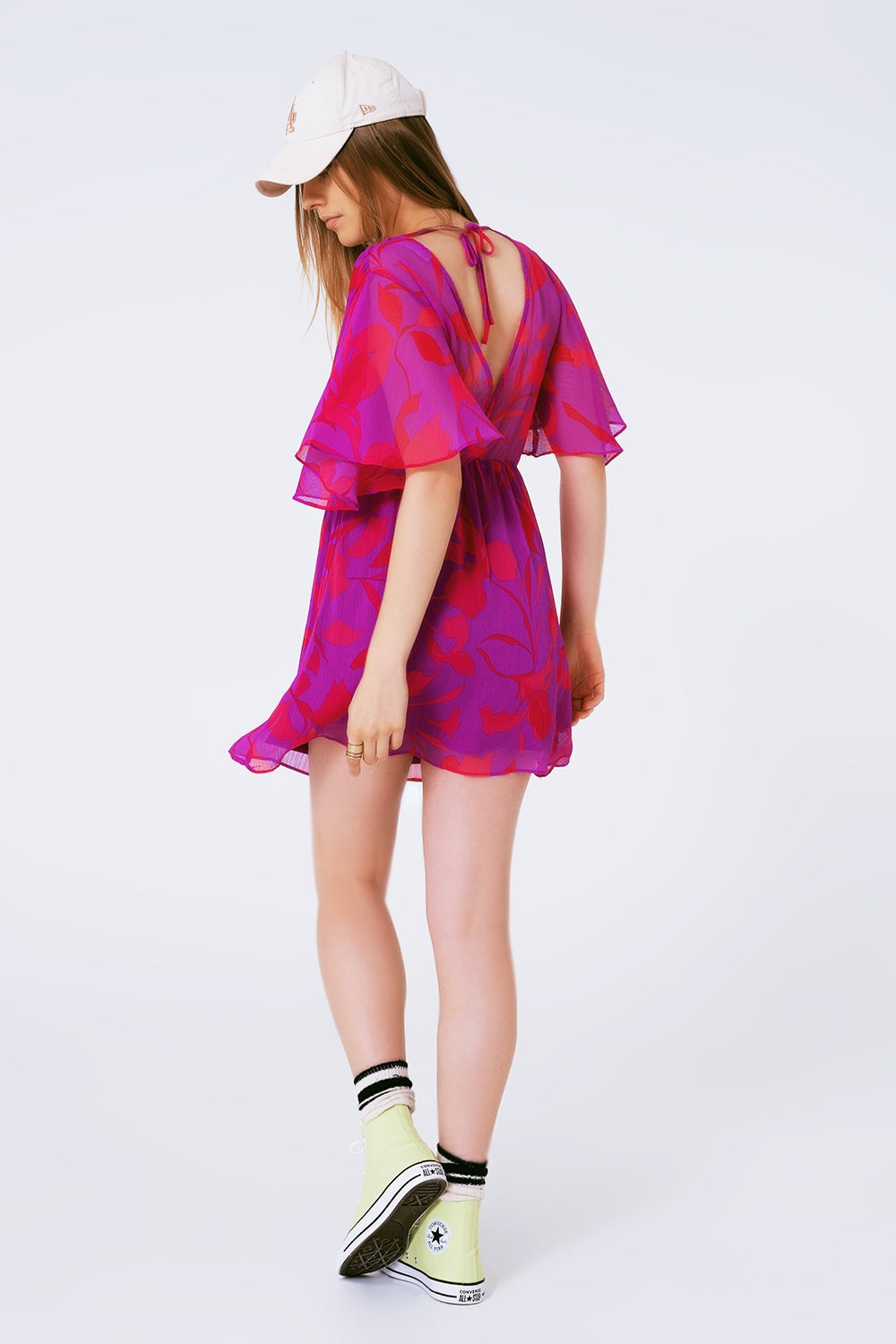 Short sleeve V-neck chiffon mini dress in floral print - Szua Store