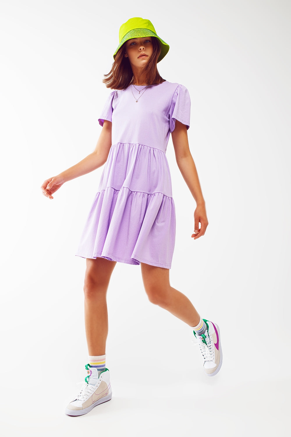 Q2 Short sleeved tiered mini t shirt dress in lilac