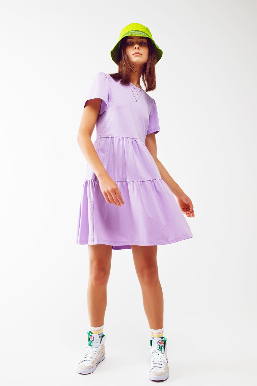 Short sleeved tiered mini t shirt dress in lilac - Szua Store