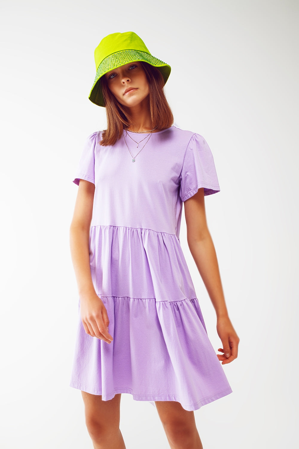 Short sleeved tiered mini t shirt dress in lilac - Szua Store