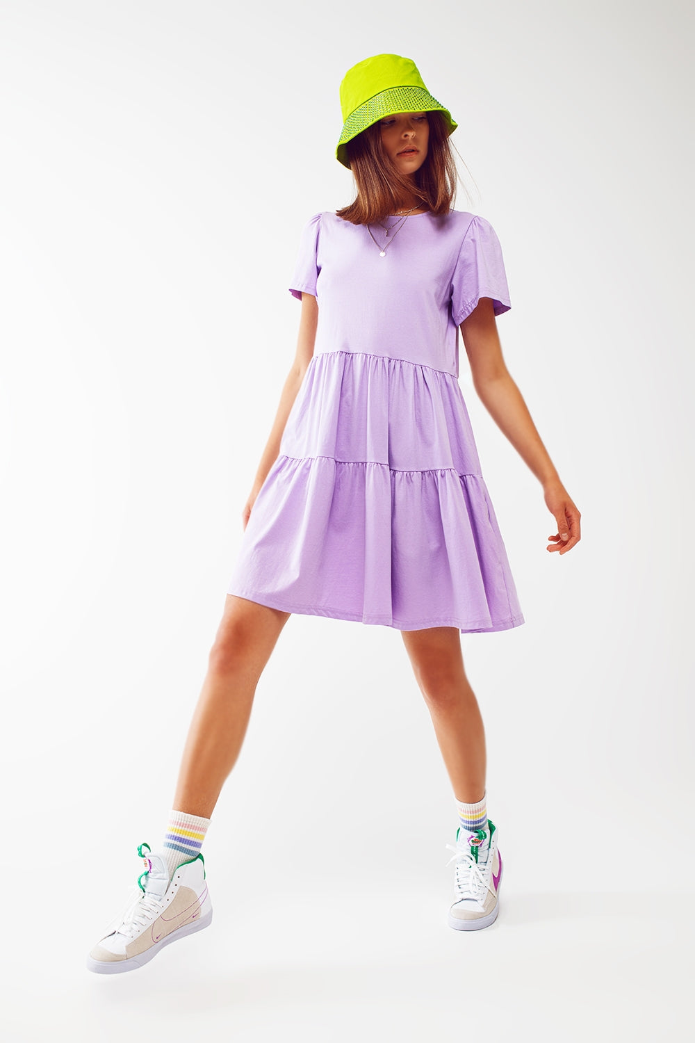 Short sleeved tiered mini t shirt dress in lilac - Szua Store