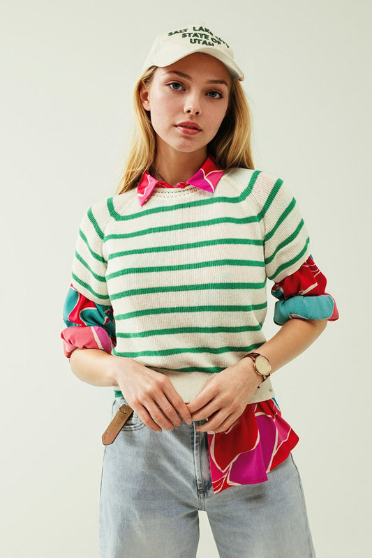 Q2 Short sleeves white knit sweater with green stripes
