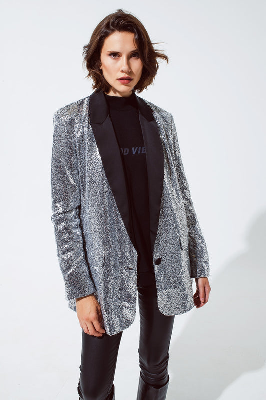 Silver Sequin tuxedo Blazer with Satin Black Lapels