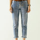Q2 skinny blue jeans with metallic finish in light wash