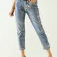 Skinny blue jeans with metallic finish in light wash