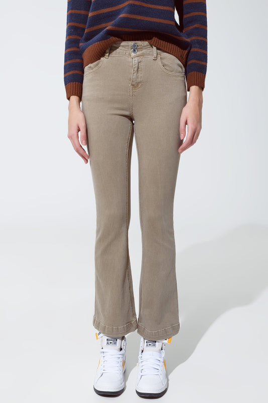 Q2 Skinny Flared Jeans With Double Button Detail in Beige