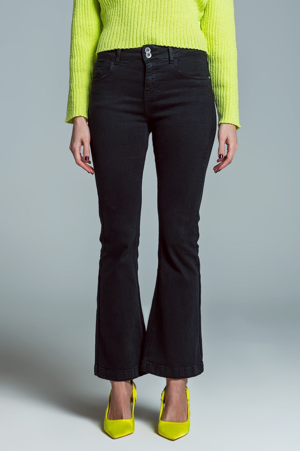 Q2 Skinny Flared Jeans With Double Button Detail in Black