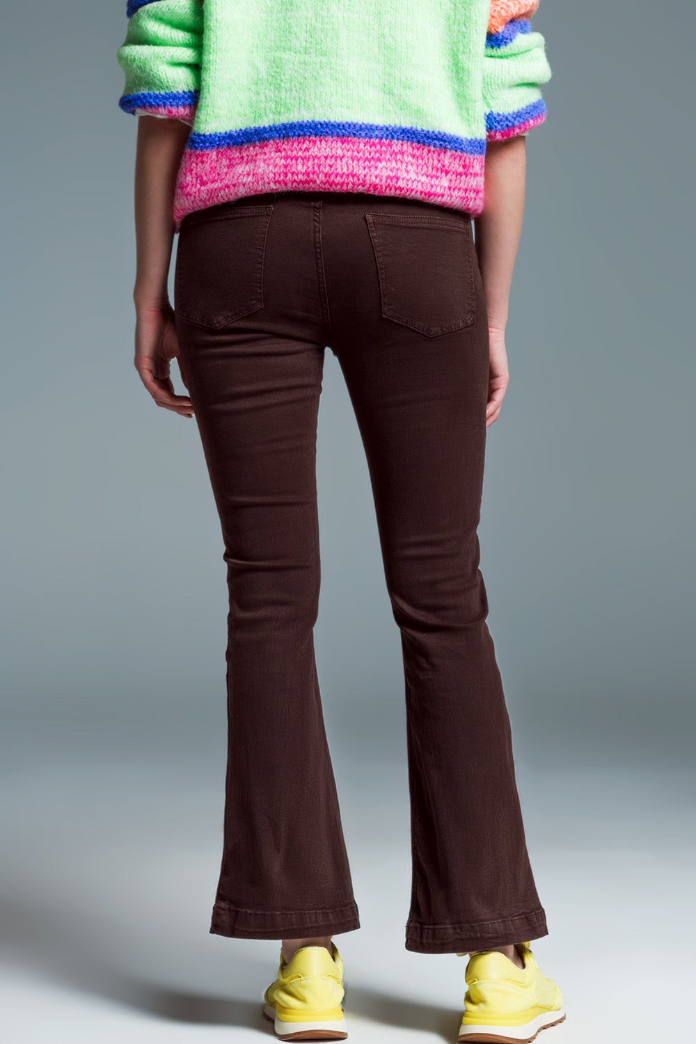 Skinny Flared Jeans With Double Button Detail in Brown