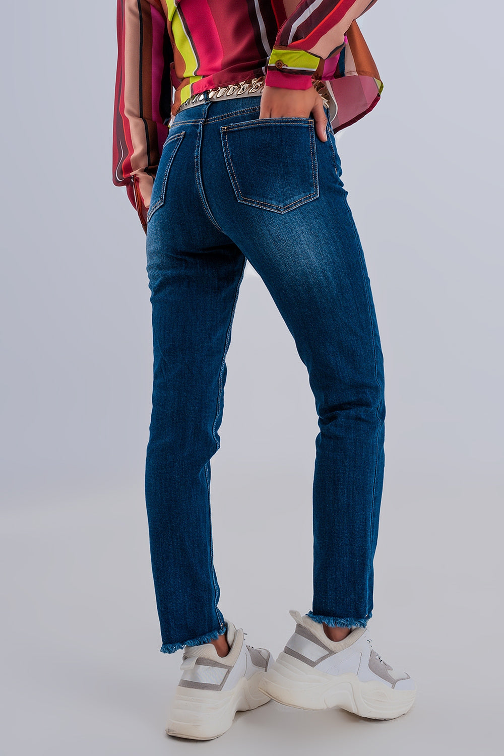 Skinny high waist raw hem jeans in dark blue Szua Store