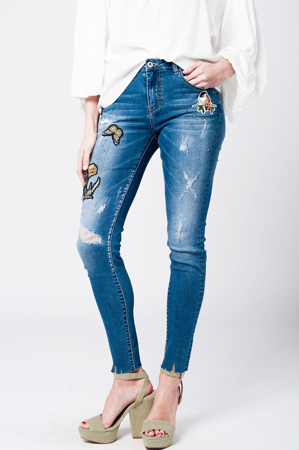 Skinny rip jeans with embroidered patches Szua Store