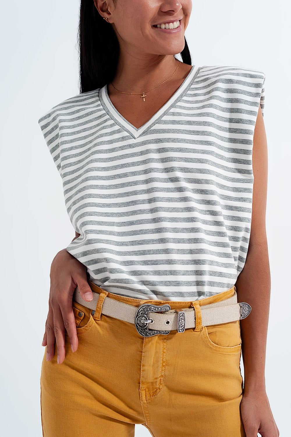 Sleeveless t shirt with shoulder pad in gray stripe Szua Store